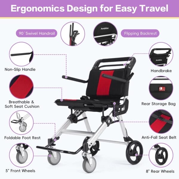 Ambliss Lightweight Folding Transport Wheelchair for Adults - Portable, Compact, and Easy-to-Use Travel Wheelchair, up to 300 lbs (Silver) - Image 5