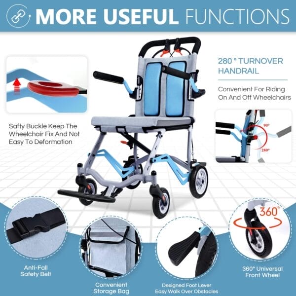Super Lightweight (Only 19lbs) Portable Transport Travel Wheelchair, Folding Transit Wheelchairs for Adults and Seniors Support 220lbs, Lightweight Aluminum Wheelchair for Elderly Blue - Image 6