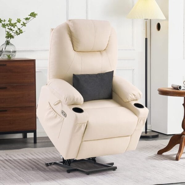 MCombo Large Lay Flat Dual Motor Power Lift Recliner Chair Sofa with Massage and Heat, USB Ports, Extended Footrest, for Elderly People, Infinite Position, Faux Leather 7815 (Cream White) - Image 4