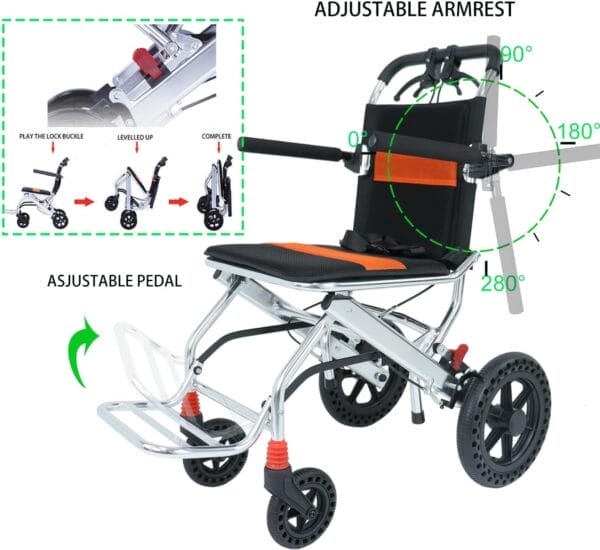 Portable Folding Wheelchair, Travel with handbrake, Ultra-Light Wheelchair for The Elderly and Children (with Bag) (12 inch PU Rear Wheel) - Image 5