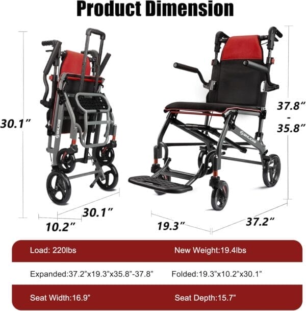 Wheelchairs for Adults Transport Chair Lightweight Foldable with Telescopic Handle, 19.4lbs Portable Folding Travel Wheel Chairs for Seniors - Red - Image 5