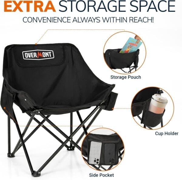 Overmont Pre-Assembled Portable Folding Camping Chair - Lightweight Camp Chair with Side Pocket, Foldable Chair for Outdoor Hiking Beach Travel with Carrying Bag, Supports up to 300LBs 2 pcs - Image 5