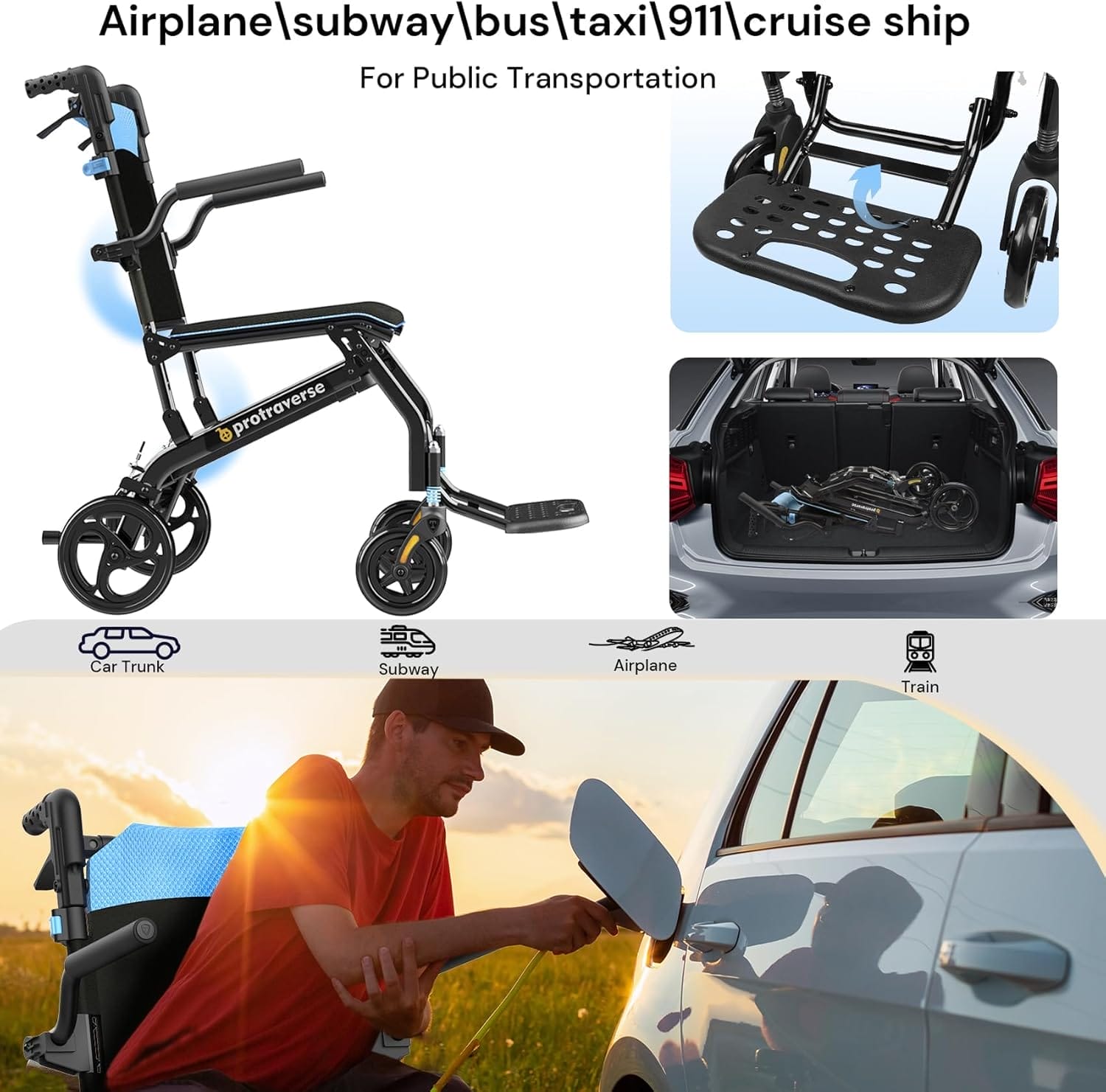 Wheelchairs for Adults,Utral-Lightweight(only 19.4lbs) Transport Chair, Foldable and PortableTravel Wheelchair with Telescopic Handle,Portable Folding Transfer Wheelchairs for Seniors(Blue) - Image 7