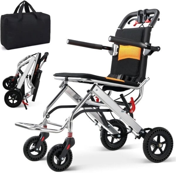 Ultra-Lightweight 19lbs Foldable Transport Wheelchair for Seniors - Portable Aluminum Travel Wheelchair with Carrying Bag, Supports 220lbs Capacity