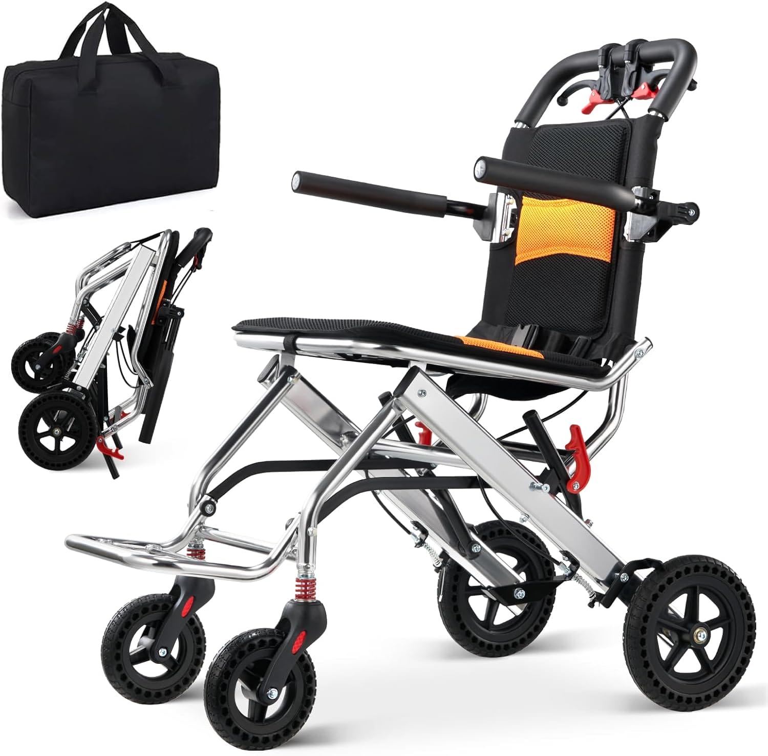 Ultra-Lightweight 19lbs Foldable Transport Wheelchair for Seniors - Portable Aluminum Travel Wheelchair with Carrying Bag, Supports 220lbs Capacity