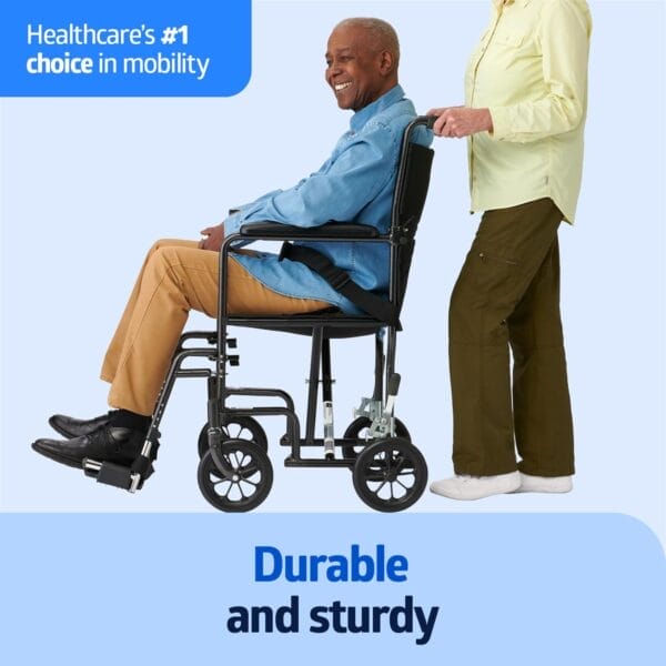 Medline Durable Folding Steel Transport Wheelchair with Swing-Away Footrests, 19-Inch Seat Width, Black Frame, Black Upholstery - Image 2