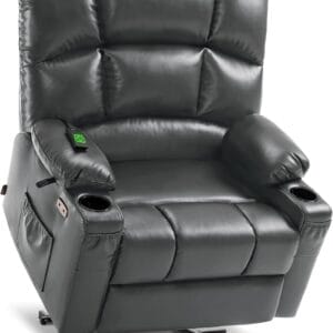 MCombo Oversized Dual Motor Power Lift Recliner Chair Sofa with Massage and Heat for Big Elderly People, Infinite Position, USB Ports, Faux Leather R7677 (Dark Grey, Medium-Oversize)