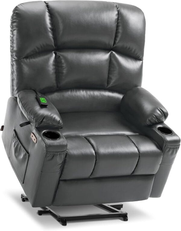 MCombo Oversized Dual Motor Power Lift Recliner Chair Sofa with Massage and Heat for Big Elderly People, Infinite Position, USB Ports, Faux Leather R7677 (Dark Grey, Medium-Oversize)