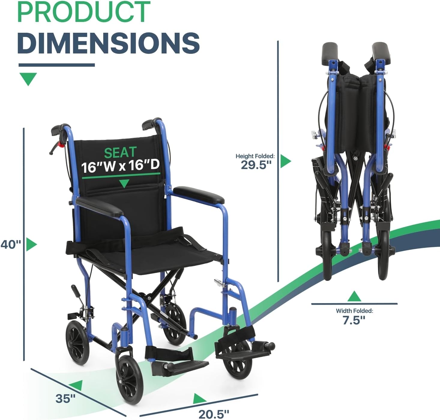 Magshion Lightweight Transport Wheelchair for Adults 250 Lbs, Portable Folding Transport Chair for Seniors with Push-to-Lock & Hand Brakes, Compact 16" Seat (Blue Frame) - Image 2