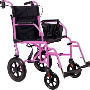 Platinum Health Hummingbird™ Ultra-Lightweight Foldable Transport Wheelchair, Handbrakes,12-Inch Rear Wheels, Extra-Wide Seat. Convenient Table-Length Padded Armrests. (Sunrise Pink)