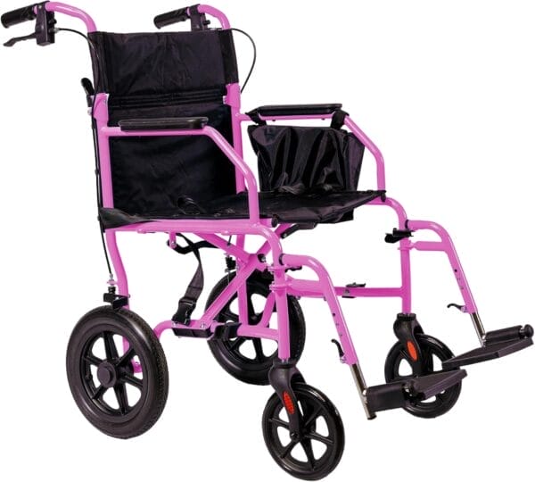 Platinum Health Hummingbird™ Ultra-Lightweight Foldable Transport Wheelchair, Handbrakes,12-Inch Rear Wheels, Extra-Wide Seat. Convenient Table-Length Padded Armrests. (Sunrise Pink)