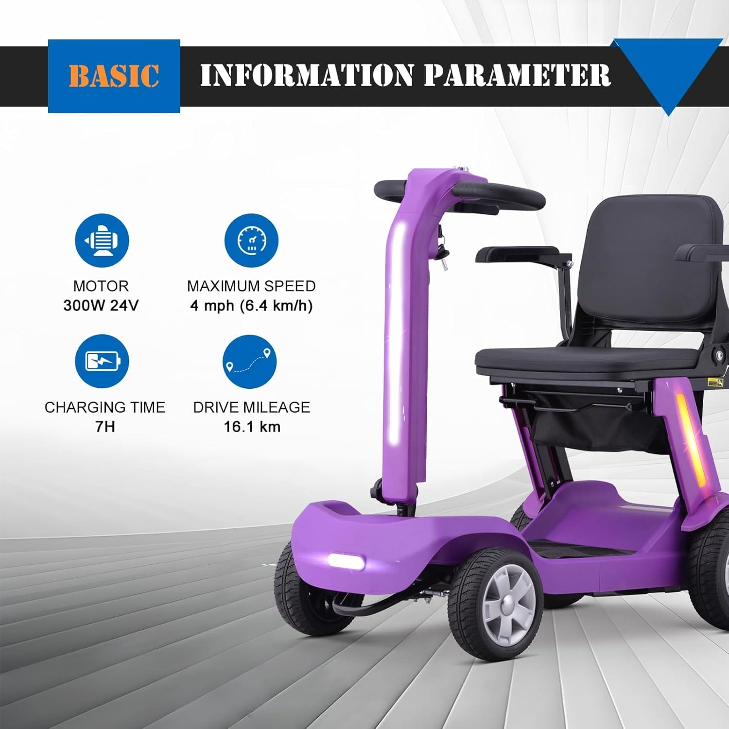 Foldable Mobility Scooter for Adults & Senior, 4 Wheels Powered Device for Travel, Lightweight and Portable, with LED Strip Light, Storage Bag, Charger Included, No Assemble Required (Purple) - Image 5
