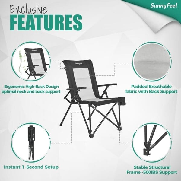 SUNNYFEEL Ergonomic High Back Camp Chair - 500lbs Heavy Duty Folding Chair, UV-Resistant Portable Camp Chair with Hard Armrests, Cup Holder＆ Bag for Outdoor, Basebal, Travel, Sports, Hiking, Fishing - Image 5