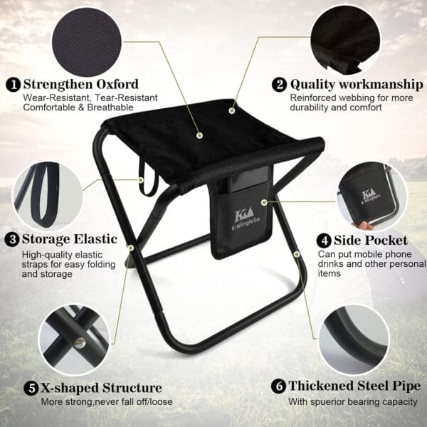 Upgraded Portable Folding Stool, 13 Inch Camping Stool for Adults Fishing Hiking Gardening and Beach with Carry Bag, Hold Up to 450lbs[Black] - Image 4