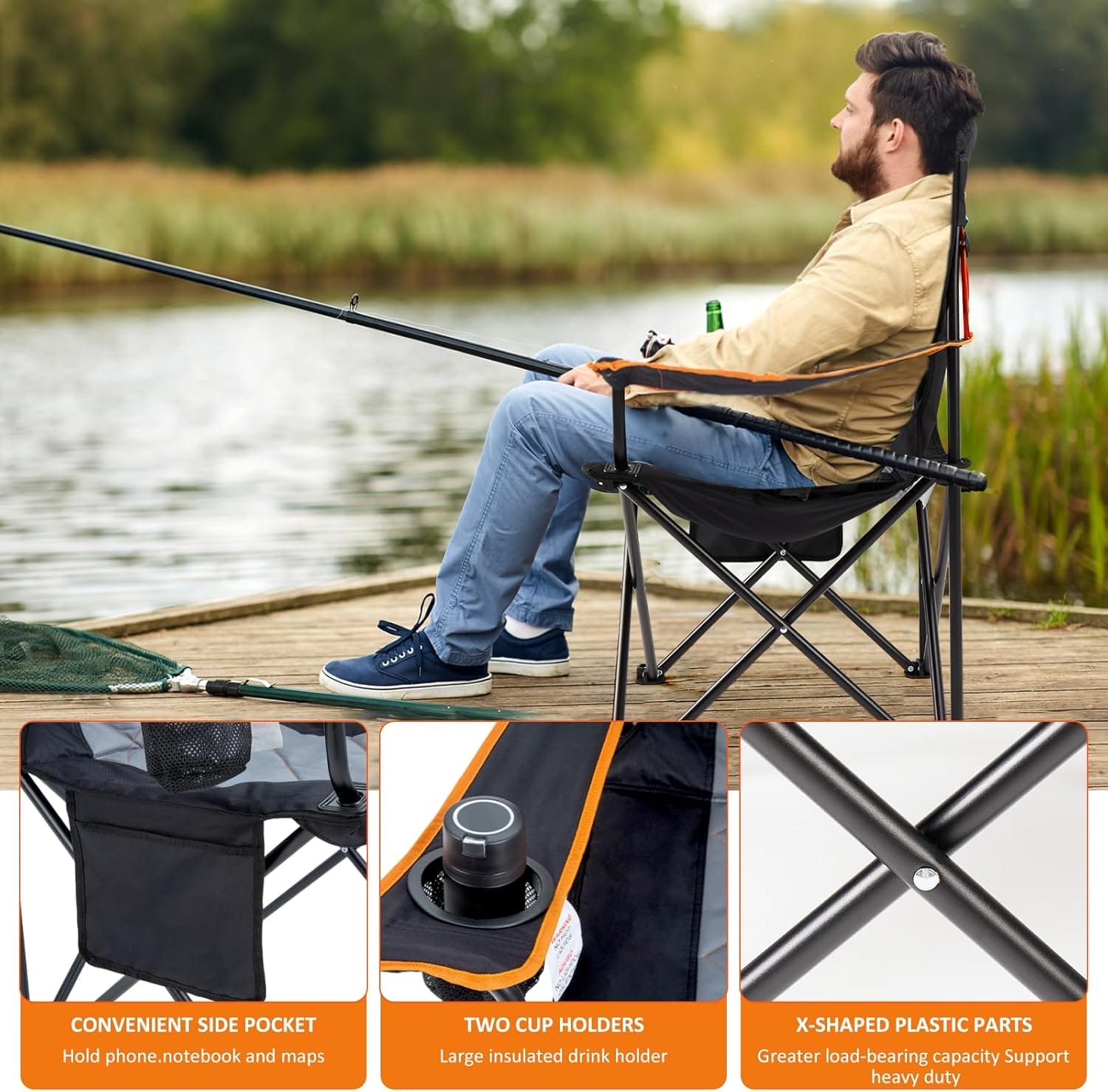 EMERIT Oversized Padded Camping Chair, 350LB Heavy Duty Quad Fold Chair with Arms, Collapsible Outdoor Chairs with Lumbar Back & Cup Holder Black - Image 4