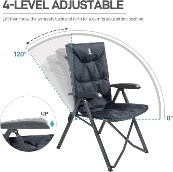 EVER ADVANCED Folding Camping Recliner Chair Fully Padded with Adjustable High Back Support Portable for Adults Patio Reclining Chair, Black - Image 4