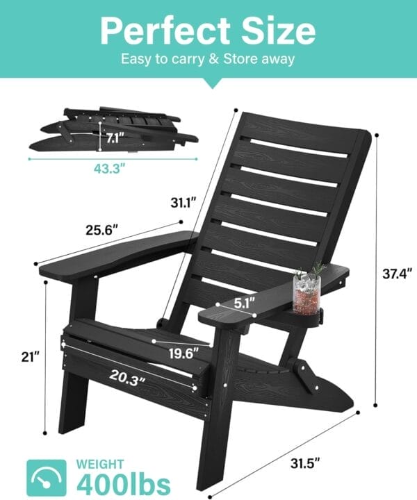 YEFU Folding Oversized Adirondack Chair: Heavy Duty Adirondack Chairs with Comfort Arc Backrest & Cup Holder - All Weather HIPS Plastic Fire Pit Chair for Outdoor Patio Lawn Garden Black - Image 2