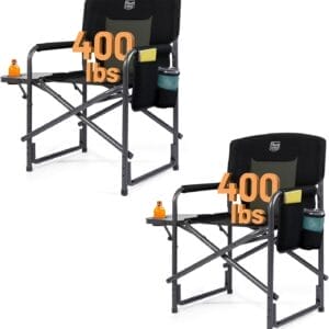 TIMBER RIDGE Aluminum Oversized Camping Chair, Lightweight Portable Directors Chair with Side Table Detachable Side Pocket for Outdoor Camping, Lawn, Picnic, Support 400lbs Black 2 Pack