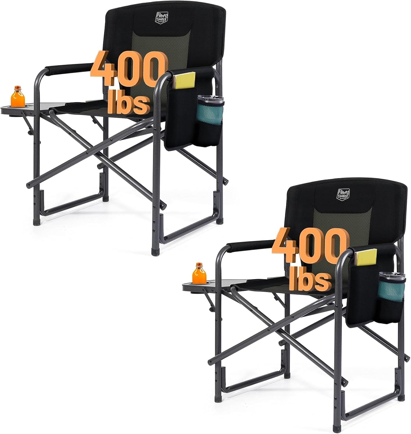 TIMBER RIDGE Aluminum Oversized Camping Chair, Lightweight Portable Directors Chair with Side Table Detachable Side Pocket for Outdoor Camping, Lawn, Picnic, Support 400lbs Black 2 Pack
