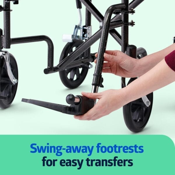 Medline Durable Folding Steel Transport Wheelchair with Swing-Away Footrests, 19-Inch Seat Width, Black Frame, Black Upholstery - Image 5