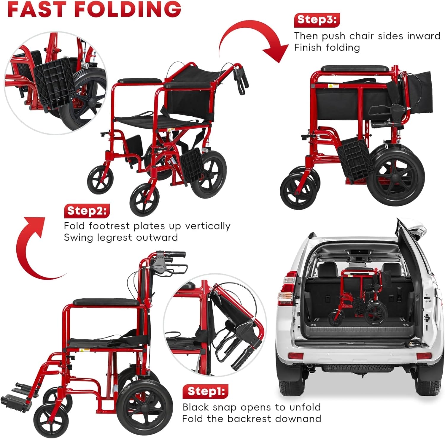 Wheelchairs for Adults, Transport Wheelchair with Gel Enhanced Seat Cushion, Handbrakes, 12" Universal Wheels, Lightweight Foldable Walkers for Seniors Adults (Red) - Image 5