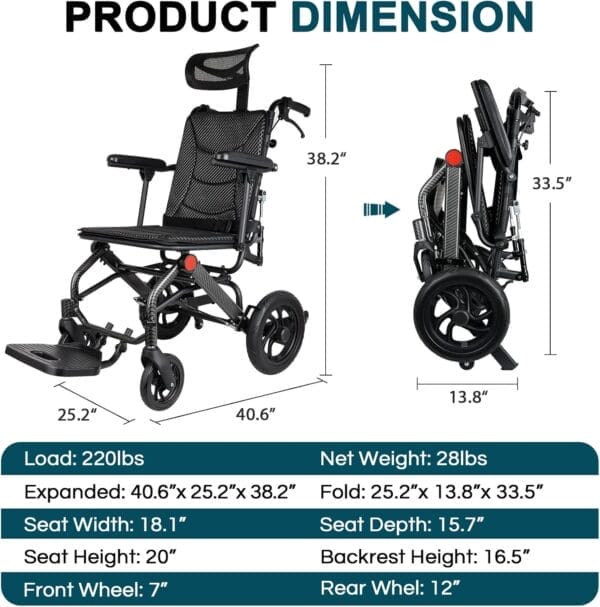 Super Lightweight Reclining Travel Wheelchair, Folding Transit Transport Wheelchairs for Adults and Seniors Support 220lbs, Lightweight Aluminum Wheelchair for Elderly - Image 3