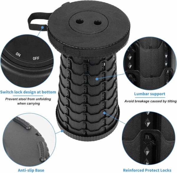 Collapsible Telescoping Portable Stool for Adults, Camping Stools, Upgraded Collapsible Folding Seats with Load Capacity 550lbs, Black - Image 3