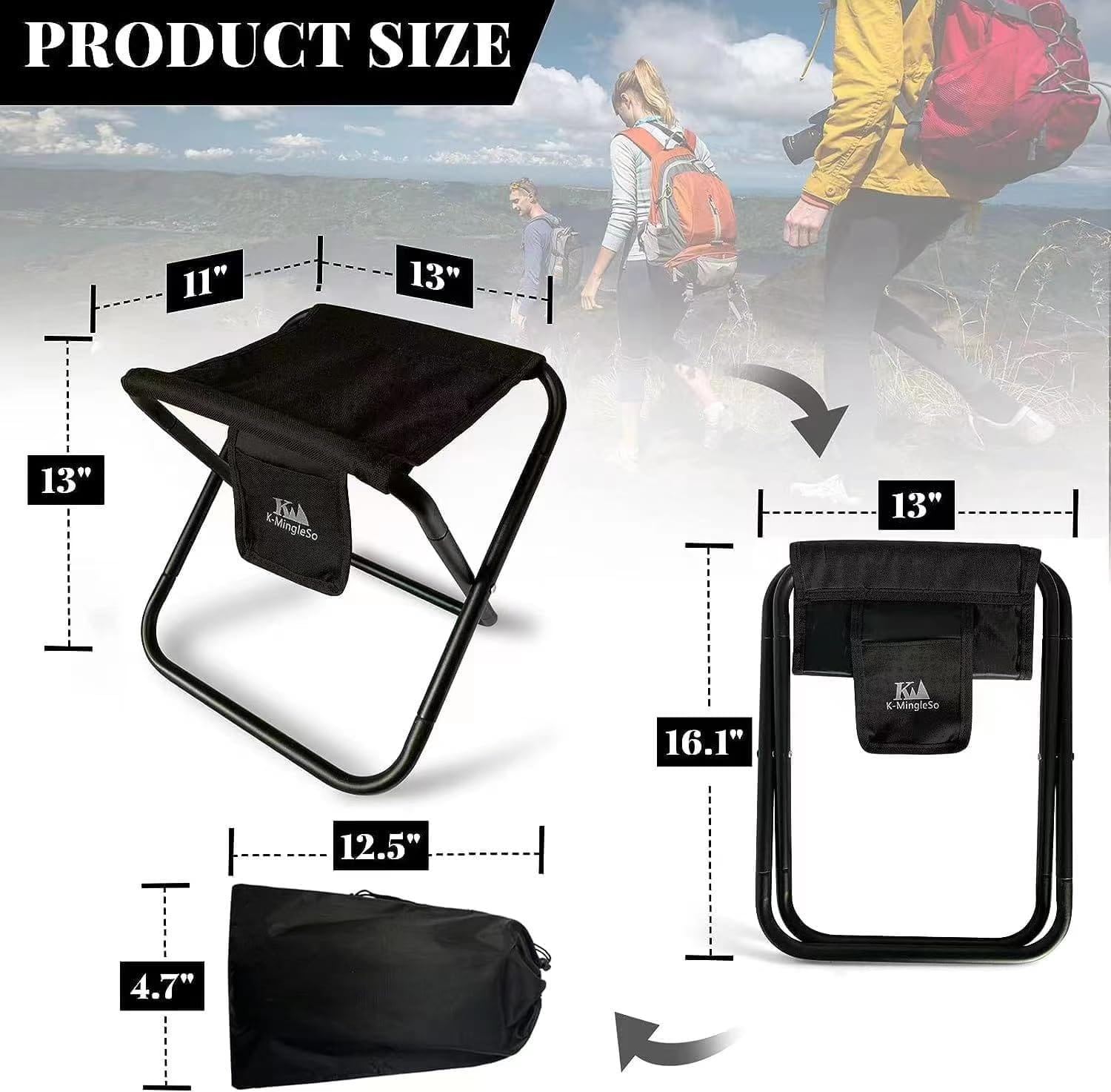 Upgraded Portable Folding Stool, 13 Inch Camping Stool for Adults Fishing Hiking Gardening and Beach with Carry Bag, Hold Up to 450lbs[Black] - Image 3
