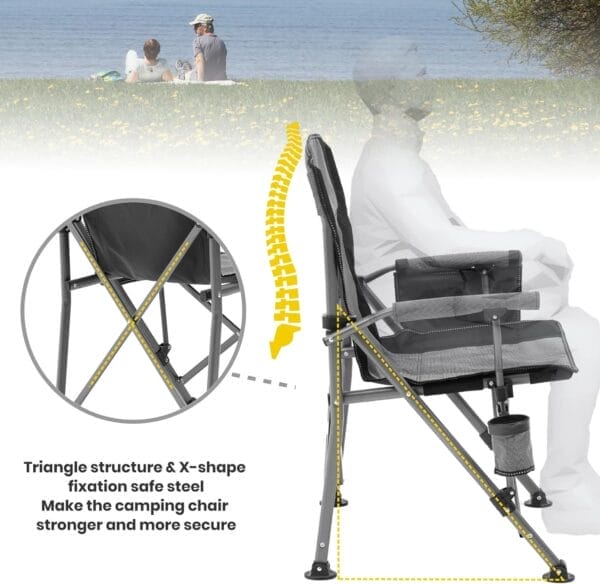 XGEAR Portable Camping Chairs for Adults with Padded Hard Armrest, Sturdy Folding Camping Chair with Cup Holder, Storage Pockets Carry Bag Included, Support to 300 lbs(Grey) - Image 5