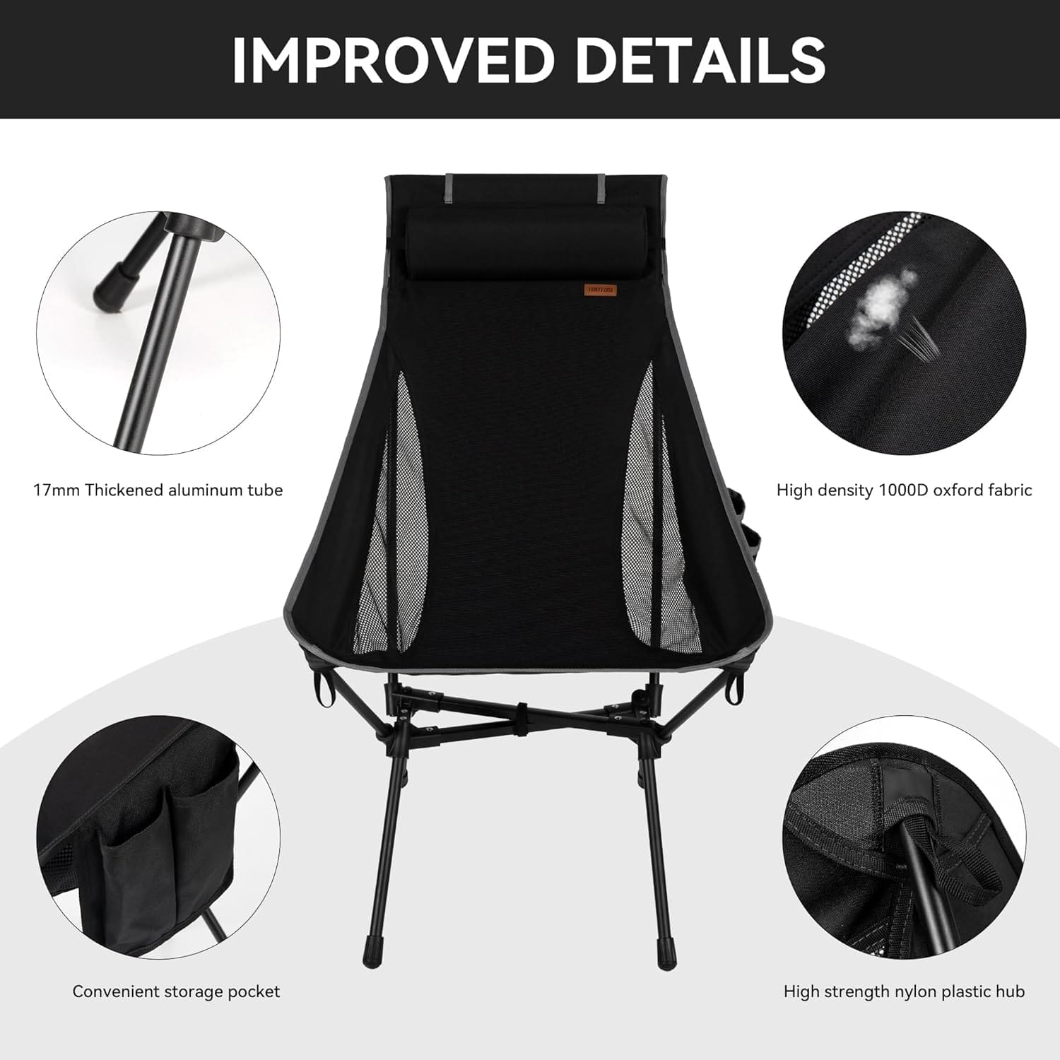 TOBTOS Portable High Back Camping Chair, Support Heavy Duty 440 lbs, Compact Folding Chair with Detachable Pillow for Camp, Hiking, Backpacking (Black) - Image 4