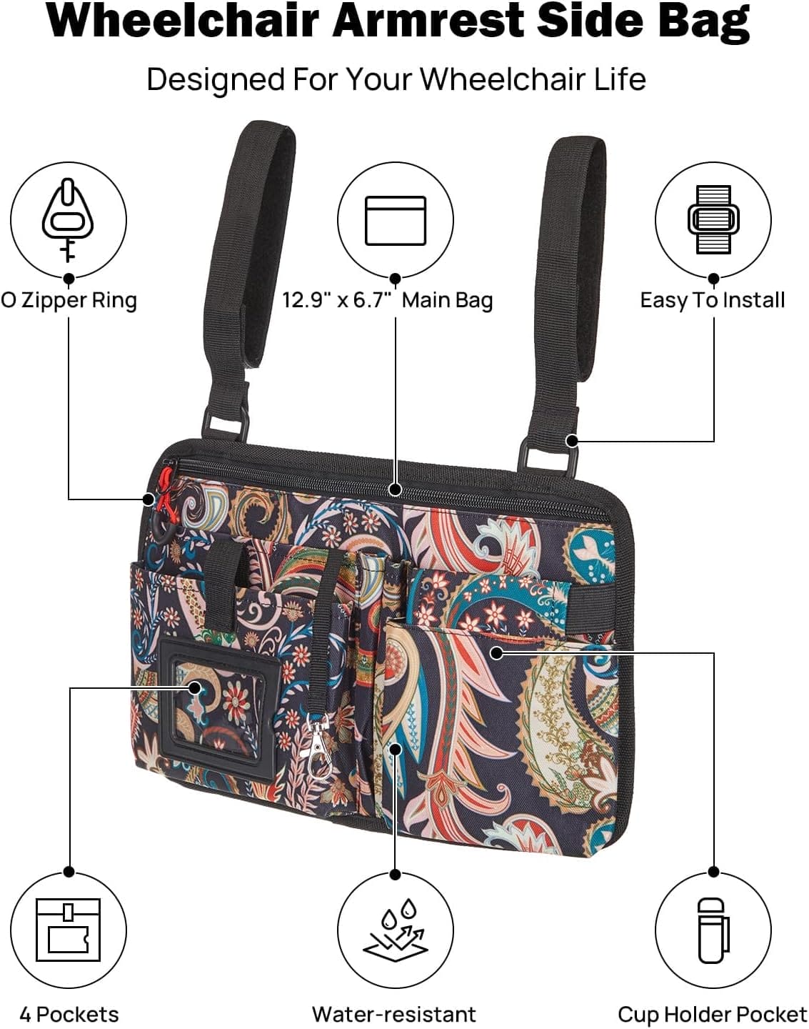 JOYTUTUS Wheelchair Side Bag, Upgraded Walker Pouch Bag with Cup Holder, Wheelchair Armrest Accessories for Walker, Rollator, Electric Scooter Wheelchairs, Ideal Gift for Seniors, Black Pattern - Image 4