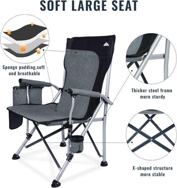 Ablazer 2 Pack Camping Chairs for Adults, Portable Hunting Chair Supports 350lbs, Oversized Heavy Duty Folding Chair for Camping Padded Seat Outdoor Lawn Folding Chair with Side Pockets - Image 5