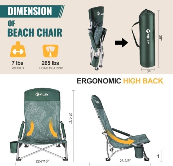 VILLEY Low Beach Chair, High Back Folding Adult Chair, Lightweight & Portable for Outdoor, Beach, Camping, Lawn, Music Festival, with Cup Holder & Carry Bag - Vintage Green Leaves - Image 3