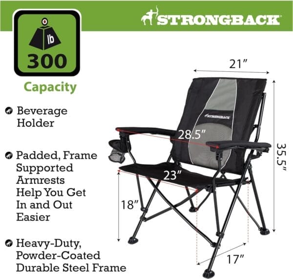 STRONGBACK Elite Folding Camping Lawn Lounge Chair Heavy Duty Camp Outdoor Seat with Lumbar Support and Portable Carry Bag - Black/Grey - Image 2
