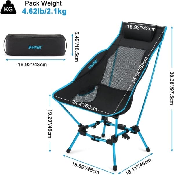 G4Free Folding Camp Chair High Back Lightweight Camping Chair with Removable Pillow, Side Pocket & Carry Bag, Compact & Heavy Duty 385lbs for Outdoor Hiking Backpacking Beach Picnic Travel - Image 3