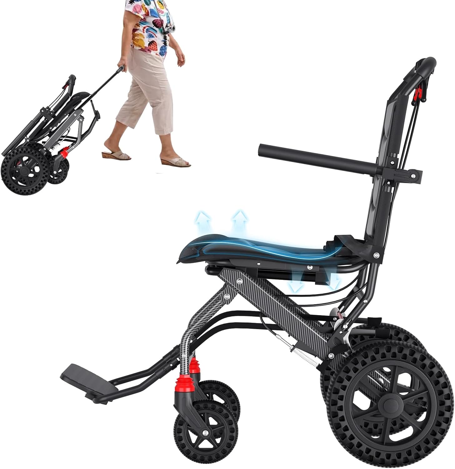 (18" Wide Seat) Lightweight Ergonomic Transport Wheelchair for Seniors and Adults, Portable Foldable Transit Travel Wheelchairs All Terrain