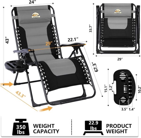 Oversized Padded Zero Gravity Lounge Chair, Foldable Patio Anti Gravity Reclining Chairs Folding Lawn Recliner with Cup Holder for Yard, Camping, Outdoor, Support 350 LBS, Black - Image 3