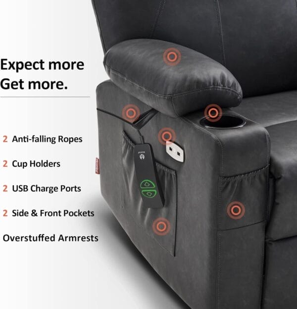 MCombo Large Power Lift Recliner Chair for Elderly, Lift Chair with Heat and Massage for Tall People, Extended Footrest, USB & Type C Ports, Cup Holders, Faux Leather 7516 (Large, Grey) - Image 7