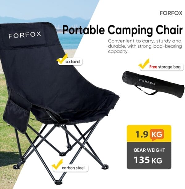Portable Folding Camping Chair with High Back Upholstered Side Pocket Headrest Oversized Lightweight Lawn Chair Outdoor Chair for Outdoor Camping, Beach, Leisure, Travel, Tailgate, Adults - Image 5