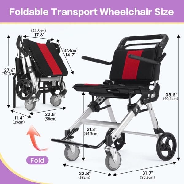 Ambliss Lightweight Folding Transport Wheelchair for Adults - Portable, Compact, and Easy-to-Use Travel Wheelchair, up to 300 lbs (Silver) - Image 3
