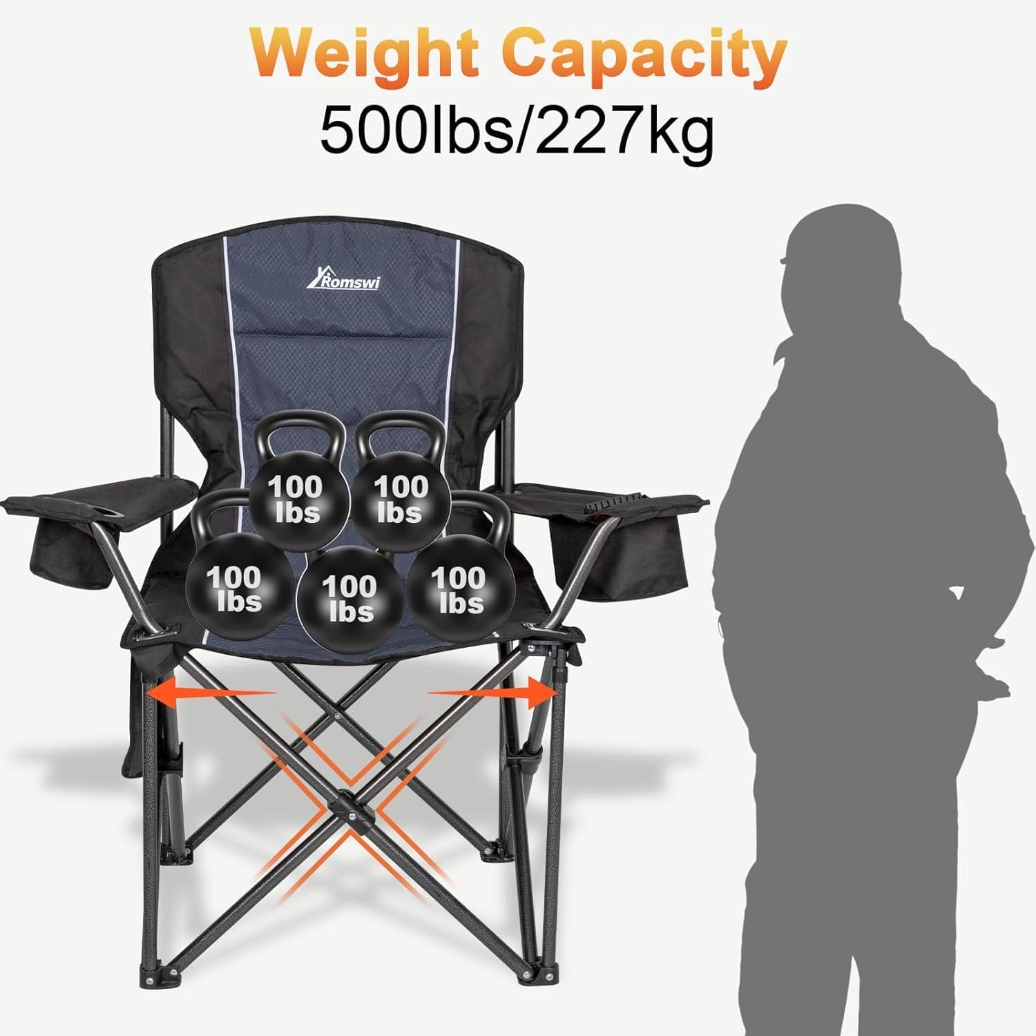 Romswi Oversized Camping Chairs,Heavy Duty Support 500 LBS,Padded Back & Arm Sport Chairs, Cup Holder Cooler Bag, Collapsible Folding Chairs for Outdoor, Fishing & Garden - Image 5