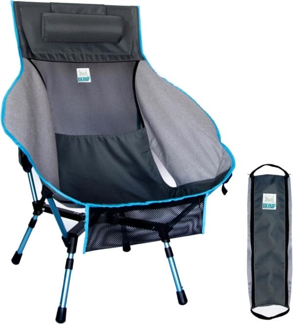 Portable Camping Chair with Adjustable Height, High Back, Pillow, and Side Pocket - Ultralight Foldable Chair for Beach, Backpacking, and Outdoor Adventures