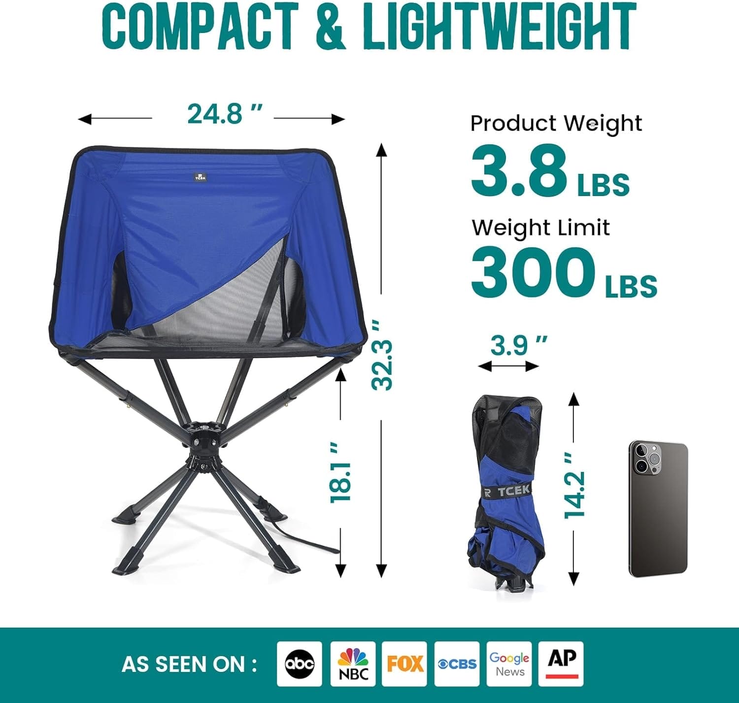 Swivel Portable Chair - Small Compact Collapsible Folding Chairs for Adults, Setup in 8 Seconds, Lightweight Outdoor Backpack Chair for Camping, Travel, Hiking, Beach, Support 300 LBS - Image 2