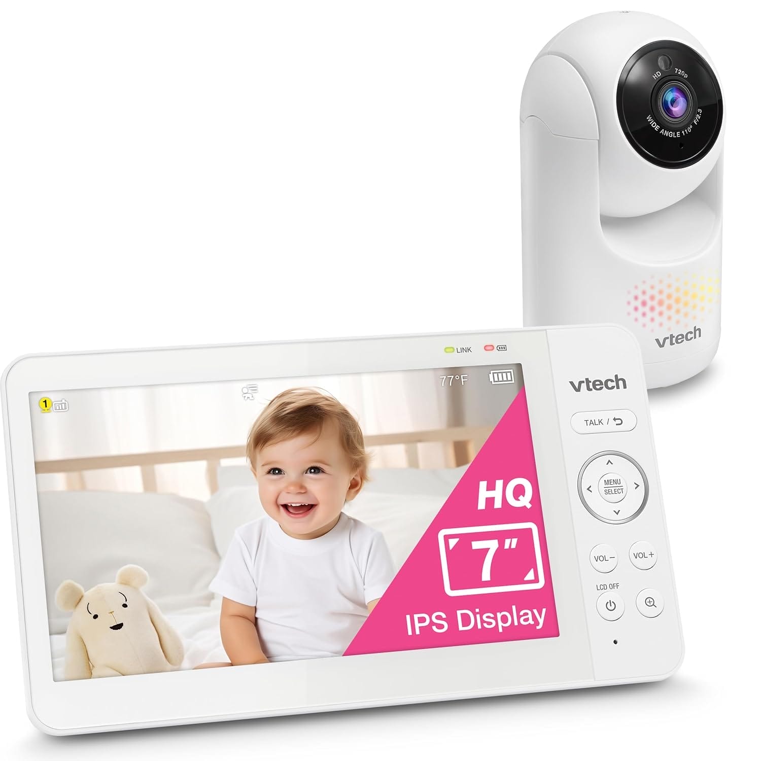 VTech [2025 Upgrade] Baby Monitor with 7" IPS Screen, Pan Tilt Zoom Camera, No WiFi Video Baby Monitor with Camera and Audio, Multi-Color Night Light, 2-Way Talk, Lullabies, Advanced HQ Max