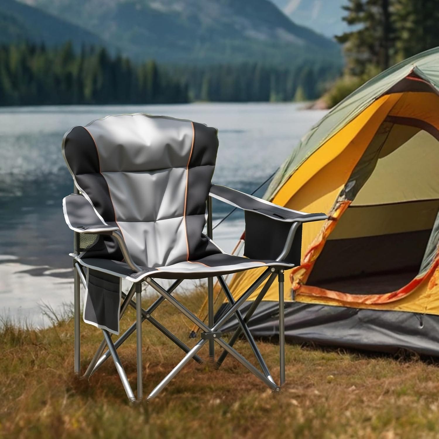 OLIXIS Heavy Duty Camping Chairs 450lbs Capacity Portable Folding Chair with Cup Holder and Cooler Bag,Sturdy Steel Frame Outdoor Chair for Backyard,Beach,Fishing - Image 2