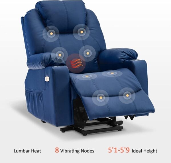 MCombo Electric Power Lift Recliner Chair Sofa with Massage and Heat for Elderly, 3 Positions, 2 Side Pockets, and Cup Holders, USB Ports, Faux Leather 7040 (Blue, Medium) - Image 7