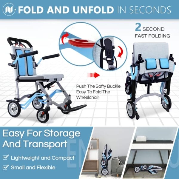 Super Lightweight (Only 19lbs) Portable Transport Travel Wheelchair, Folding Transit Wheelchairs for Adults and Seniors Support 220lbs, Lightweight Aluminum Wheelchair for Elderly Blue - Image 3