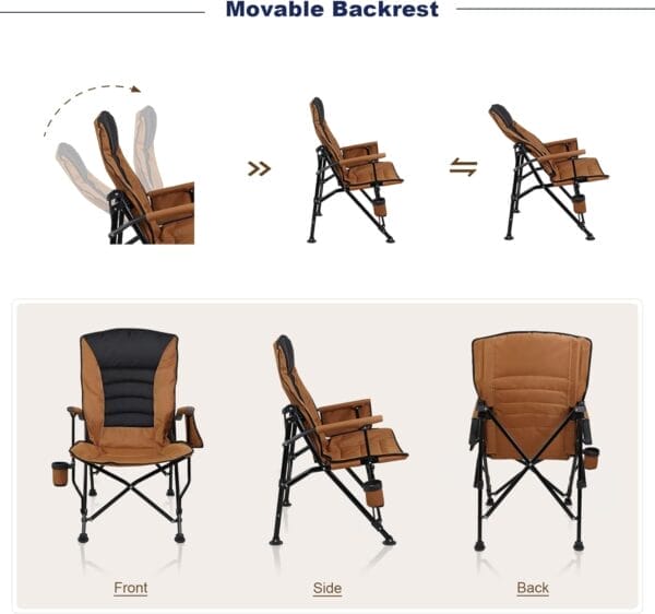 Outdoor Folding Camping Chair Heavy Duty Movable High Back Collapsible Padded Chair with Storage Bag for Outside Camping Activities, Brown - Image 4
