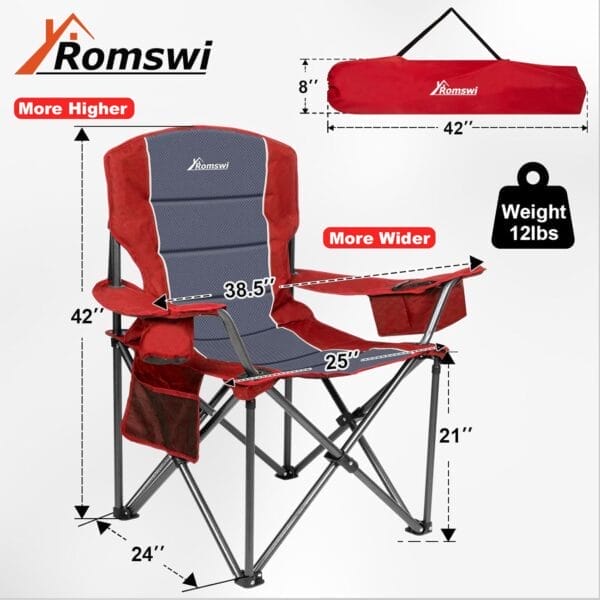 Romswi Oversized Camping Chairs,Heavy Duty Support 500 LBS,Padded Back & Arm Sport Chairs, Cup Holder Cooler Bag, Collapsible Folding Chairs for Outdoor, Fishing & Garden - Image 2