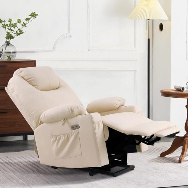 MCombo Large Lay Flat Dual Motor Power Lift Recliner Chair Sofa with Massage and Heat, USB Ports, Extended Footrest, for Elderly People, Infinite Position, Faux Leather 7815 (Cream White) - Image 2